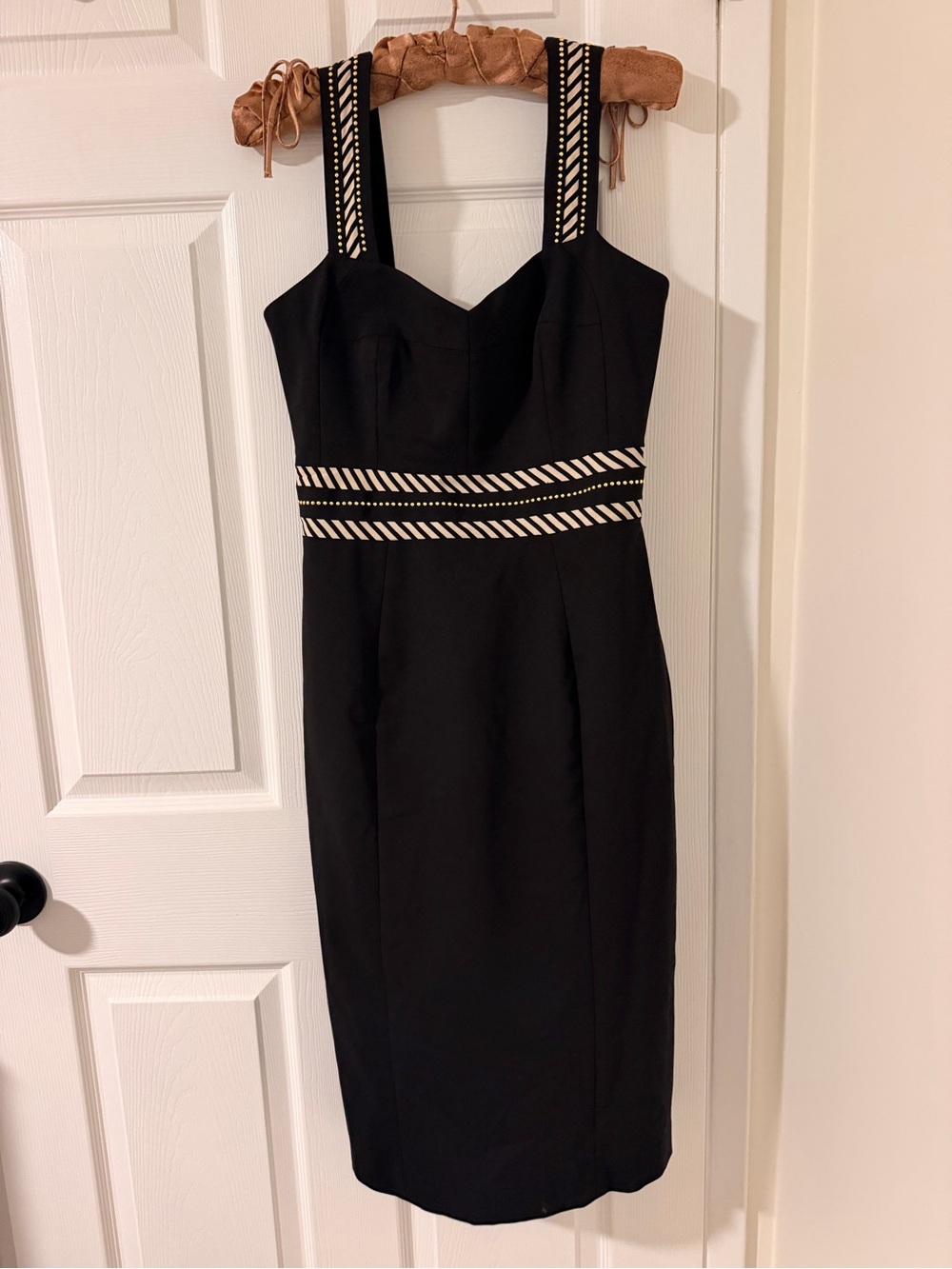 Clips-Made in Italy Black Midi Studded Dress with Contrast Cream Stripe Detail